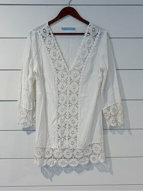 Solitaire Swim Cover Up Boho Chic Coastal Lace L White Resort Coquette Romantic